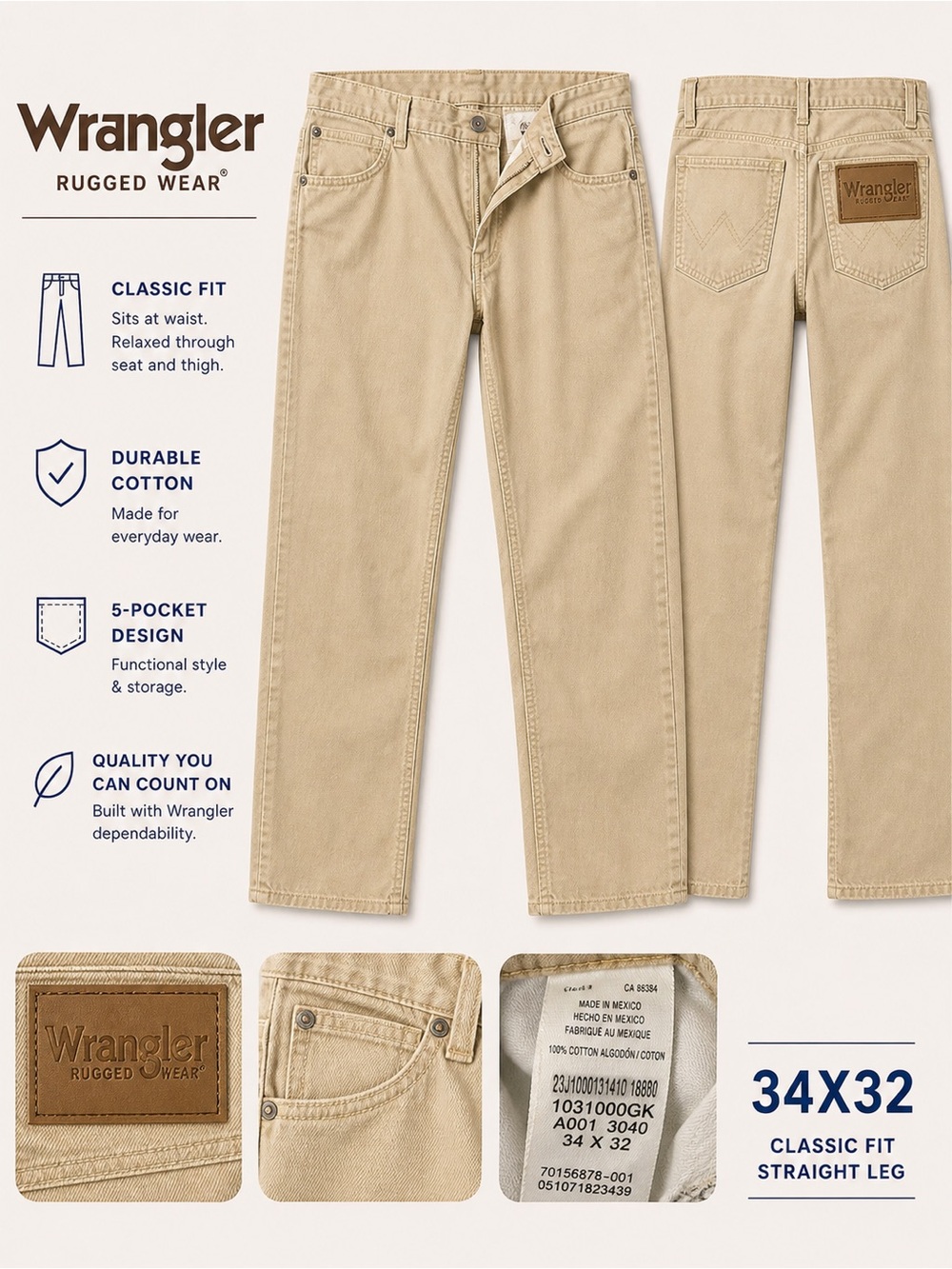 Wrangler Rugged Wear‎ Khaki Pants Men’s 34x32 Classic Fit Straight Leg Workwear
